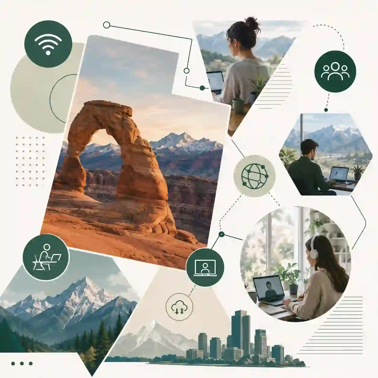 Utah state map with icons for mobile, office, remote team and call center connected to a central phone pin